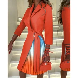 Autumn Commuter Women's Dress with Polo Neck Long Sleeves Fashionable Tie Up Waist Dress Colorful Tie Dye Pressed Pleated Dress