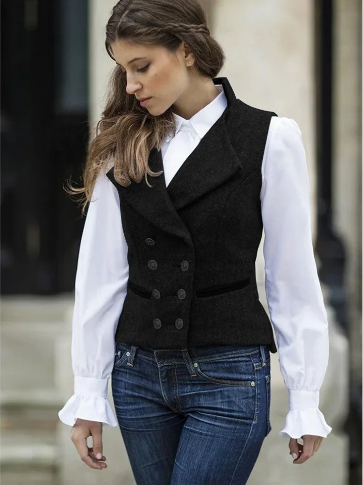 Women Vest Gray Fashion Vintage Herringbone Double Breasted Slim Fit Sleeveless Jacket Suits Profession Casual Work Vest Women