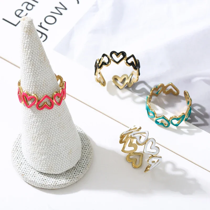 Boho Multicolor Enamel Hollow Heart Square Open Rings For Women Gold Plated Stainless Steel Belt Chain Rings Luxury Jewelry Gift