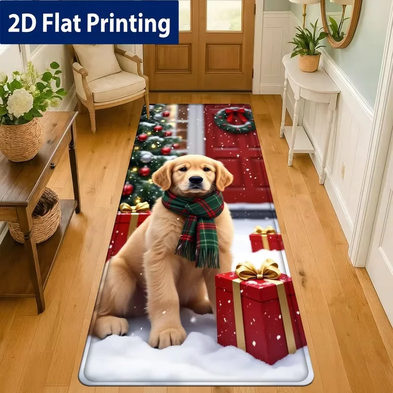 Christmas Runner Rug Golden Retriever Puppy Santa Hat Plaid Print Carpet Hallway Bedroom Bedside Rug Xmas Holiday Home Decor
