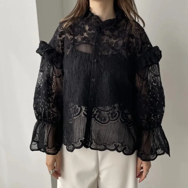 Spring Autumn New Women Lace Embroidered Shirt and Straps 2 Piece Sets Fashion Stand-up Collar Ruffles Long Sleeve Blouse Tops