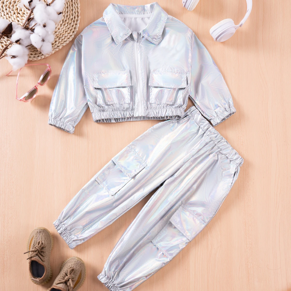 Spring and Autumn Unisex Suit Dazzle Children's Clothing Cool Silver Two Piece Zip Jacket Top + Trousers Trendy and Cool