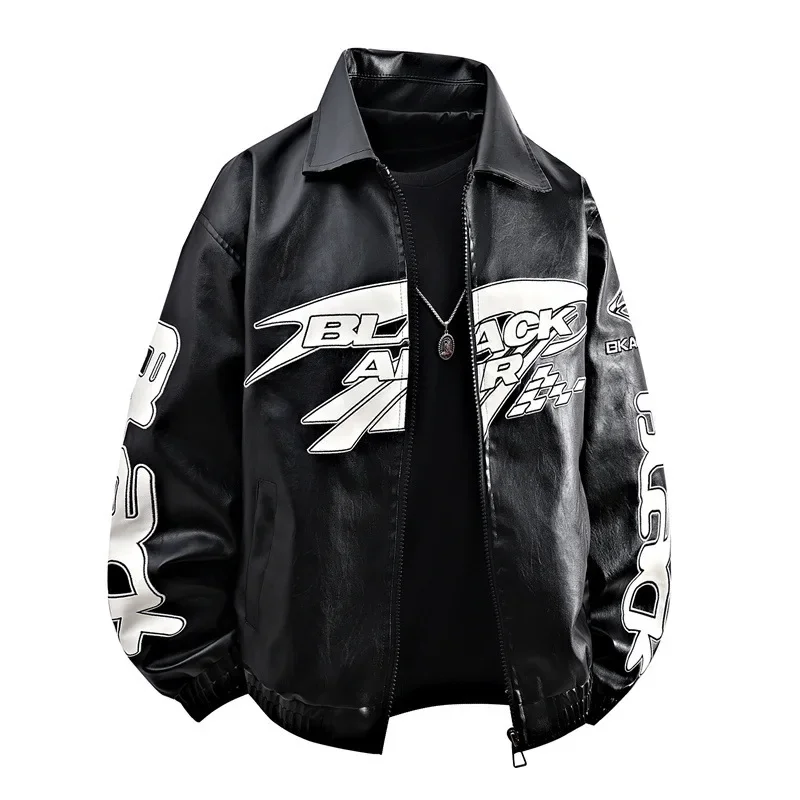

Man Leather Jacket American Letter Embroidery Stand Collar Male Coat High Street Long Sleeve Loose Versatile Men Outerwear