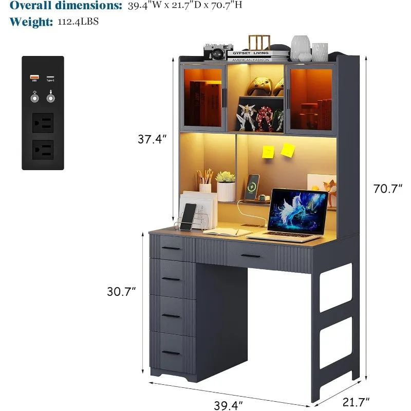 LED Study Desk with Hutch and Drawer, Home Office Desk with Outlet, Computer Desk with USB Charging Station, Writing Desk for