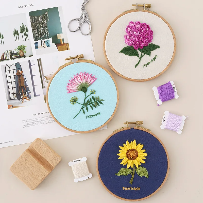 Flowers Plants Pattern Embroidery Set Needlework Tools Printed Beginner Embroidery Round hoop Cross Stitch Kit Sewing Craft Kit