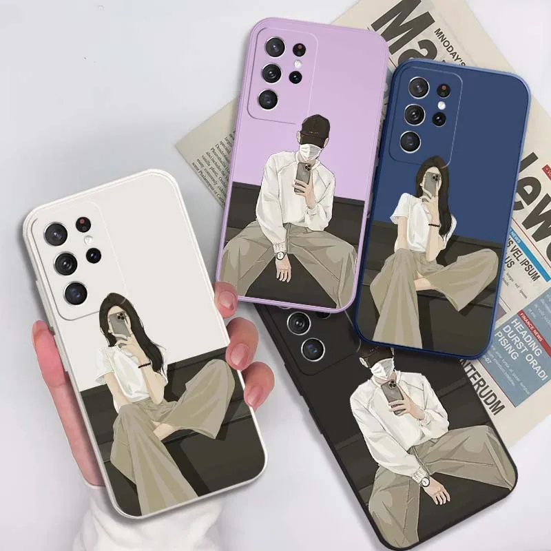 Cartoon Woman Taking Selfie Cover For Samsung Galaxy S22 S21 S20 S10 S10E Plus Ultra Lite FE 5G Soft Phone case