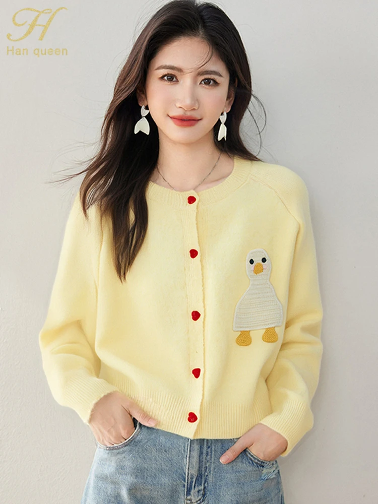 

H Han Queen Autumn Embroidery Cardigans Sweaters Women Tops Coat Simple Basic Loose Long Sleeve Korean Popular Women's Clothes