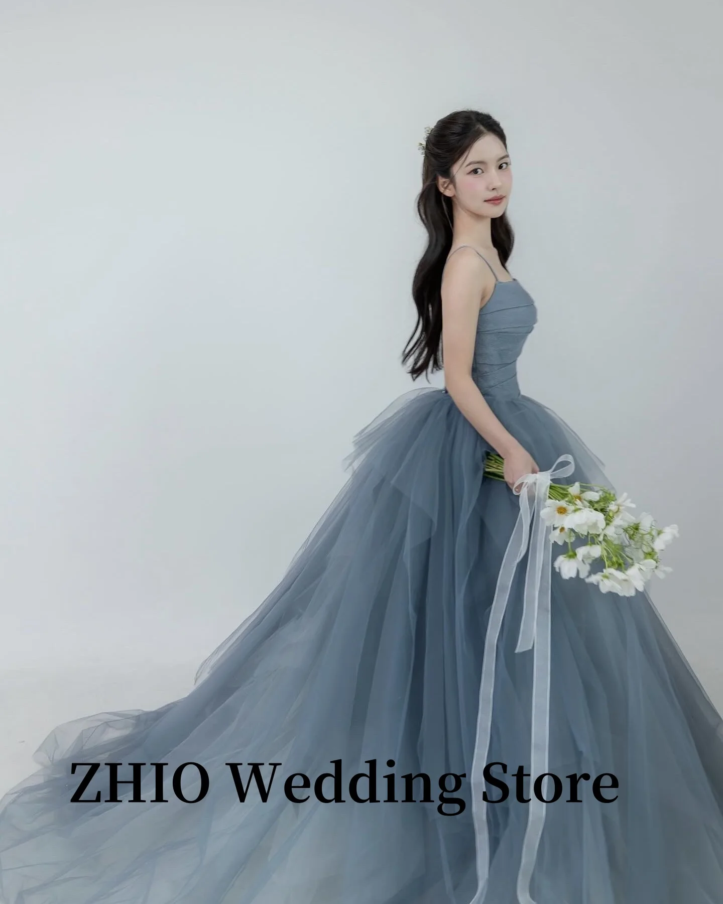 ZHIO Dusty Blue Tulle Wedding Party Dresses Korea Photo shoot A Line Spaghetti Straps Evening Gowns Formal Occasion Customized