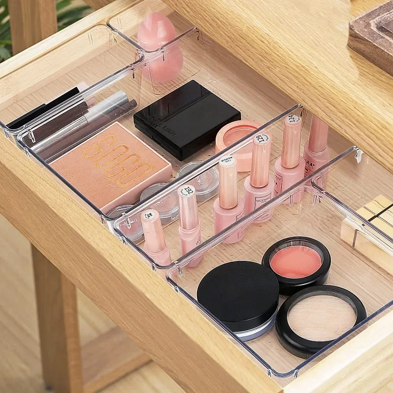 4pcs Clear Drawer Storage Box Plastic Desk Dresser Cosmetic Table Drawer Divider Box Makeup Storage Container Vanity Organizer