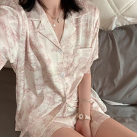 Women's 2pcs Cute Print Short Sleeve Button Top and Shorts Pink Sleepwear Soft Comfy Homewear Casual Loungewear Pajama Set