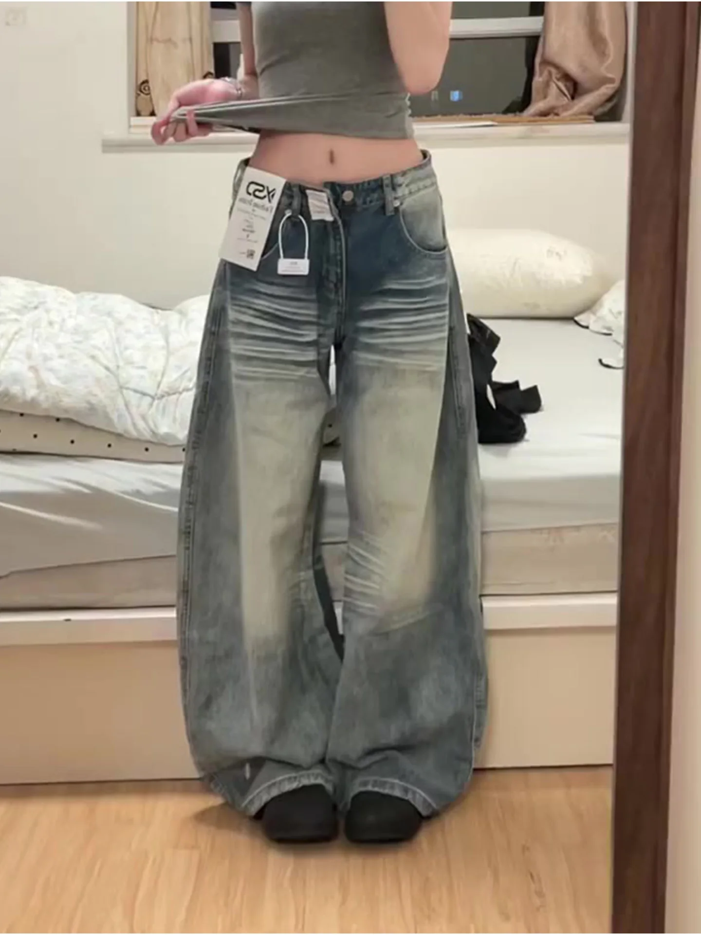 

Retro American Washed Summer New High Waist Slim Fit Blue Jeans Women's Slim Wide Leg Denim Pants High Elasticity Casual Wear