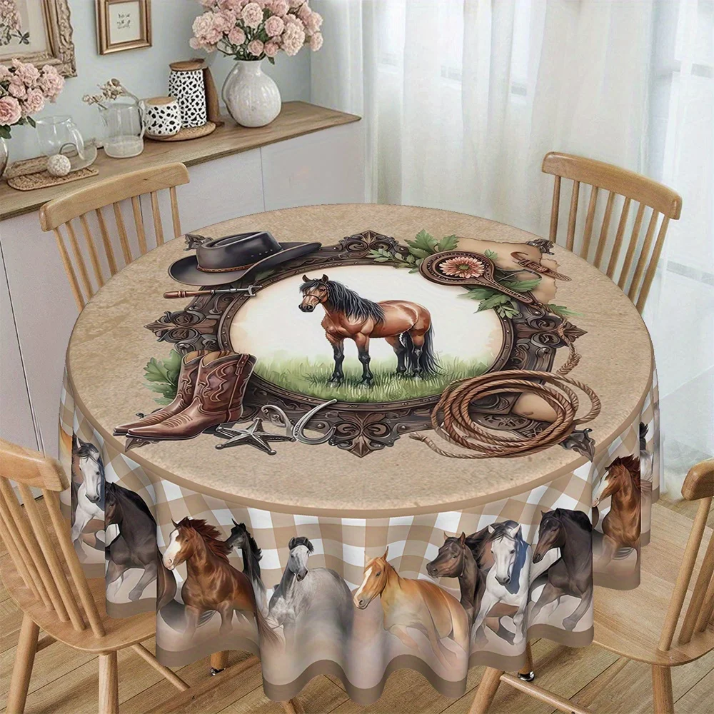 Western cowboy style Marigold print kitchen and dining room printed round tablecloth, made of thick twill polyester fabric.