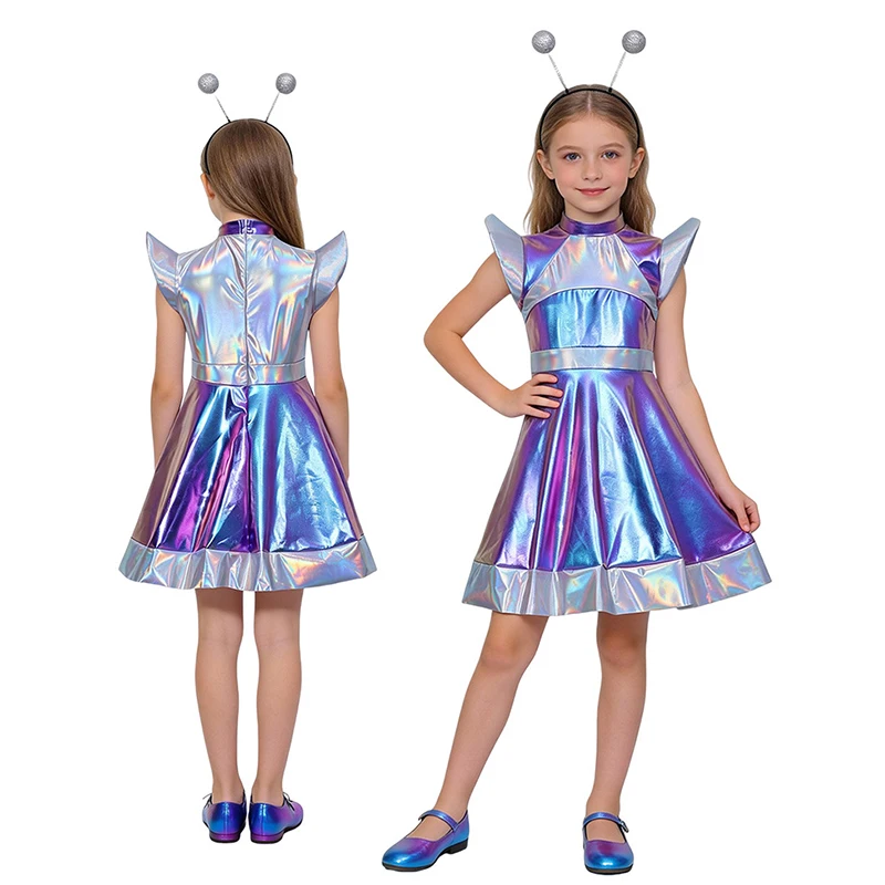 

Girls Alien Cosplay Costume Outfit Kids Girls Metallic Shiny Robot Astronaut Costume Space Suit Dress Dance Theme Party Dress Up