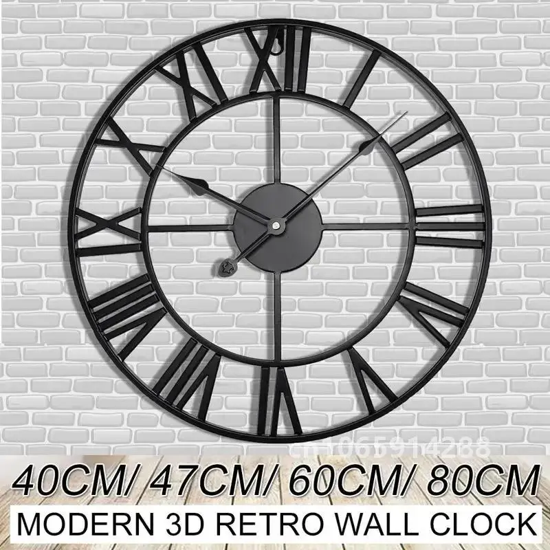 40/47/60/80cm Wall Clock Modern 3D Large Retro Black Iron Round Hollow Metal Wall Clock Nordic Roman Numerals Clock Home Decor