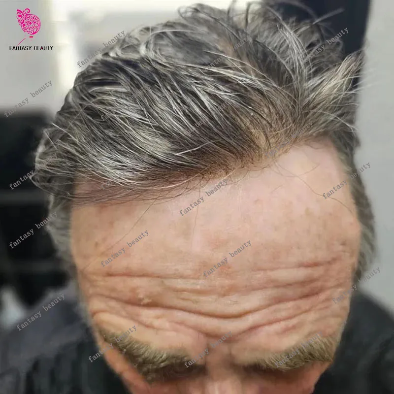 

Тонкая кожа Super HD 0,02 мм светло-коричневого цвета # 520 1B40 Серые человеческие волосы Натуральная линия роста волос 80% Плотность Невидимый мужской парик Vloop Prosthesi