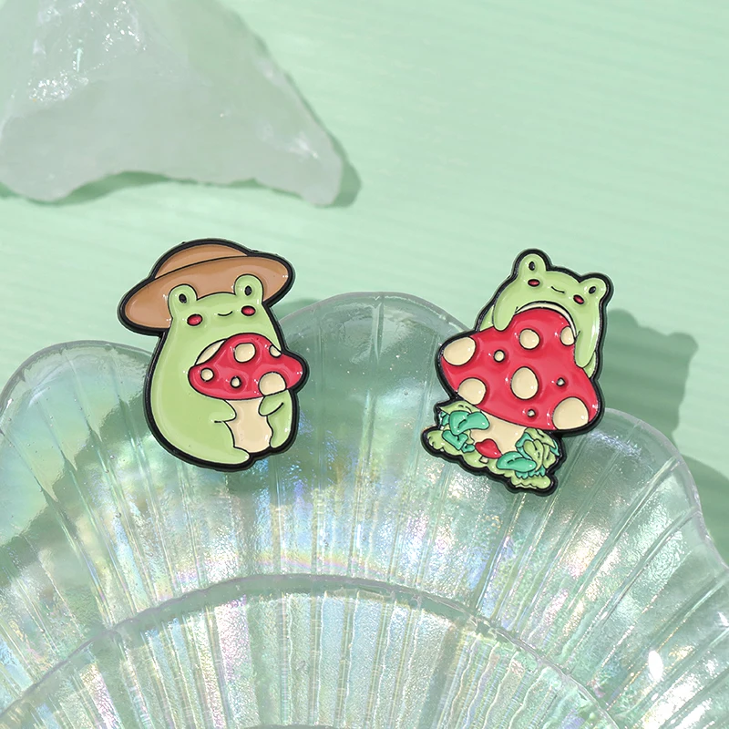Cartoon Cute Frog Mushroom Brooch Enamel Pin Creative Animal Plant Funny Badge Collection Lapel Collar Fashion Jewelry Accessory