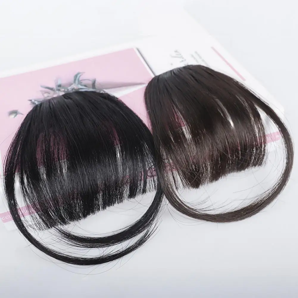 Heat-resistant Wig Piece High-temperature Wire Wig Dark Brown Wispy Bangs Clip-in Hair Extension for Women Soft Natural Straight