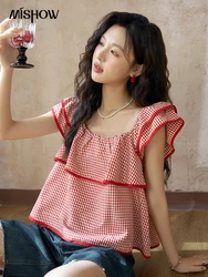 MISHOW Square Neck Plaid Blouses Women 2024 Summer Loose Doll Shirt Flying Sleeve Edge Contrasting Color Short Tops MXD25X1525