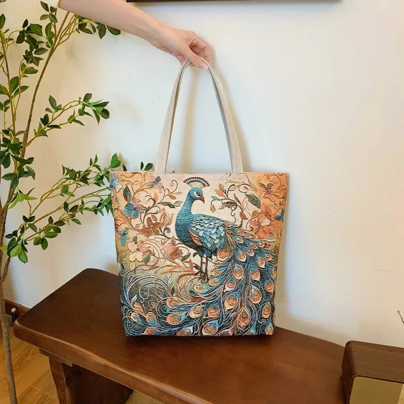 

Vintage Embroidery Canvas Bag Cute Flowers Tote Bag for Women Ladies Large Capacity Shoulder Traveling Pouch Shopping Handbag