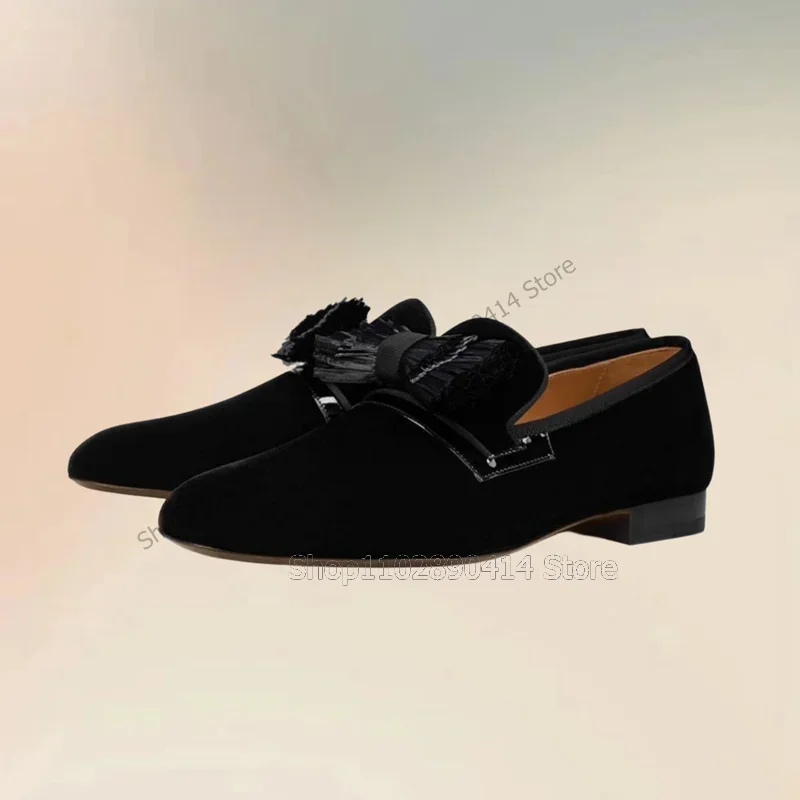 

Black Pleated Bow Knot Decor Flock Loafers Fashion Slip On Men Shoes Luxurious Handmade Party Banquet Office Men Casual Shoes