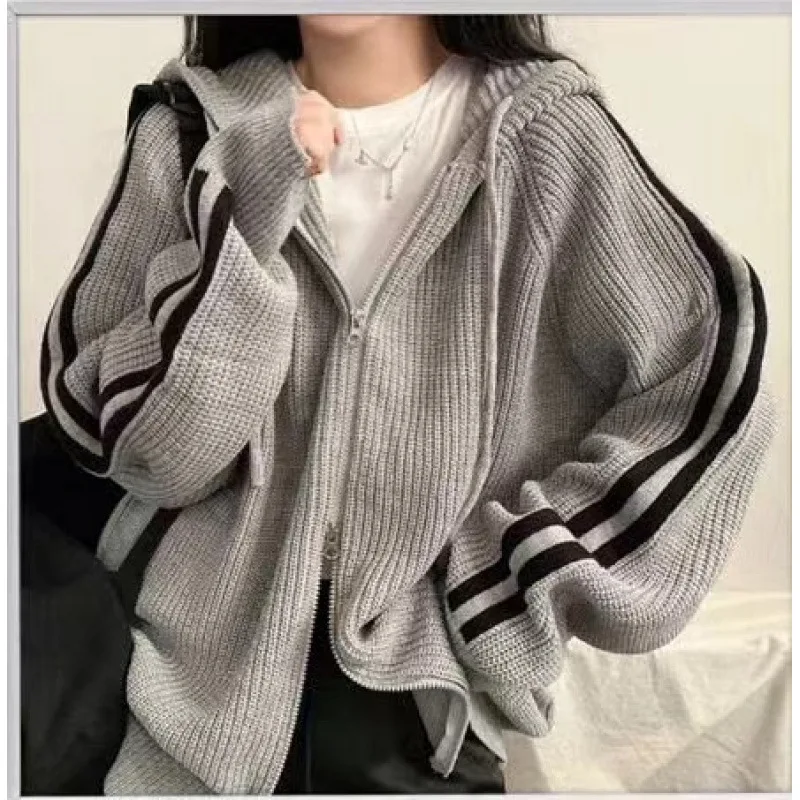 GC Korean Style Oversized Hooded Sweater Coat for Women Fall Winter New Drawstring Long Sleeve Elegant Loose Fit Knit Outerwear