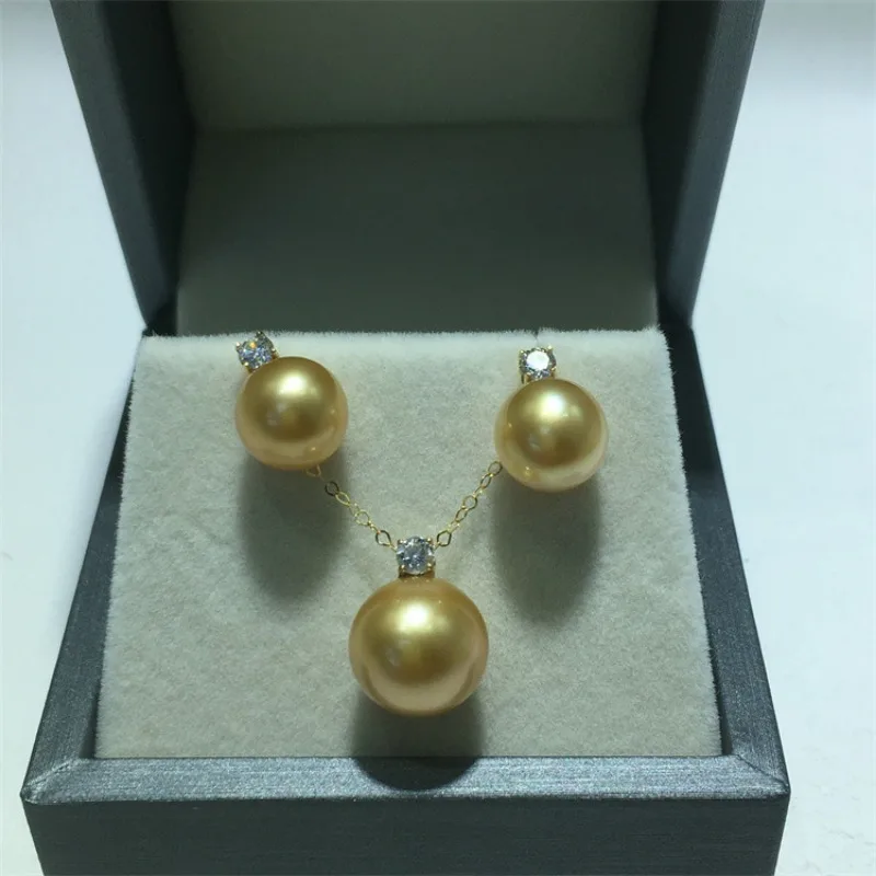 

Hot Sale Natural Gold Pearl Set for Women Genuine Free Shipping 10-11mm Stud Earring & 11-12mm Pendant Wedding Jewelly Sets