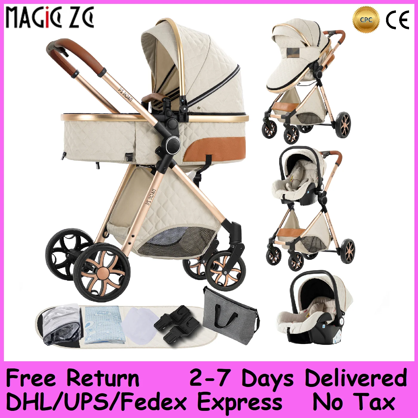 

Baby Stroller Lightweight Aluminum Compact Stroller, 3-in-1 Multifunctional Travel System with Bassinet for Newborn Infant