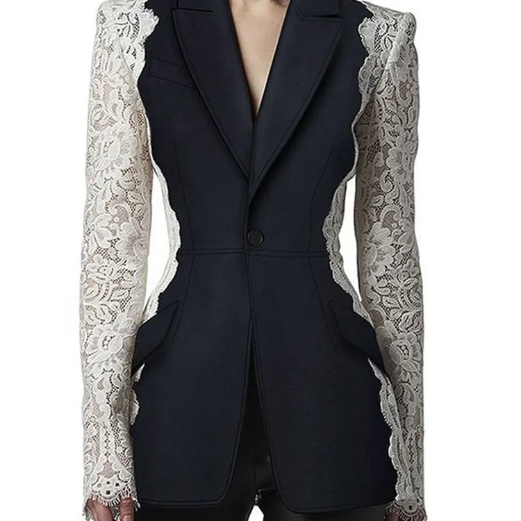 

Fashionable slim-fit single-button contrast lace patchwork blazer