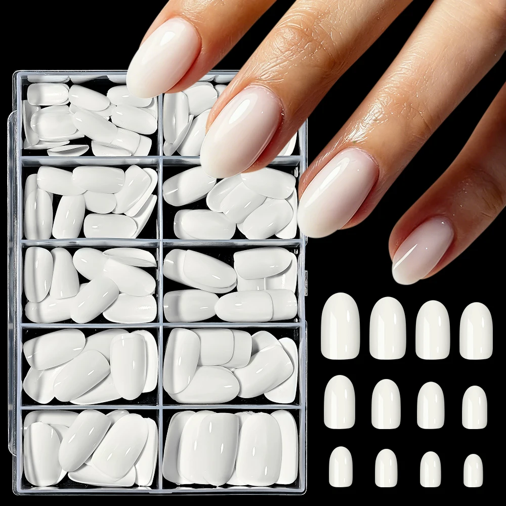 

120Pcs Glossy White Almond Press On Nails Mixed-Sizes Solid Full Cover Fake Nail Classic Elegance Detachable False Fingertips TD