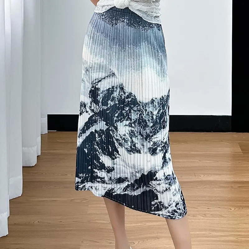 Miyake Pleated Printed Skirt Women's Casual Elastic Waist A-line Skirt High-end Comfortable Versatile Pleated Mid-length Skirt