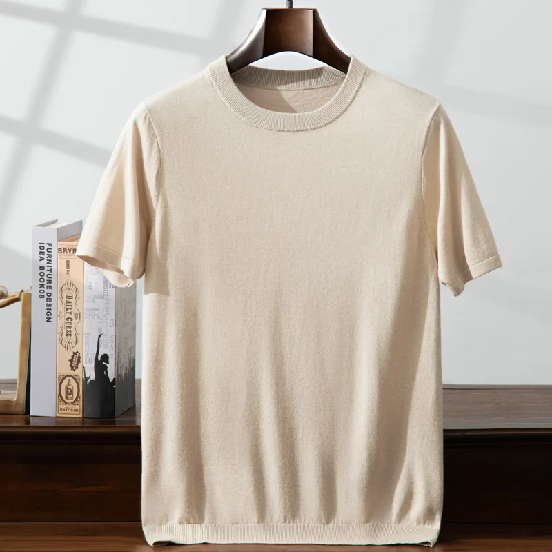 

Light Luxury Silk Round Neck-Shirt Men, Spring Summer Thin Casual Short Sleeve Knitted High-End Fine-Spun Cashmer