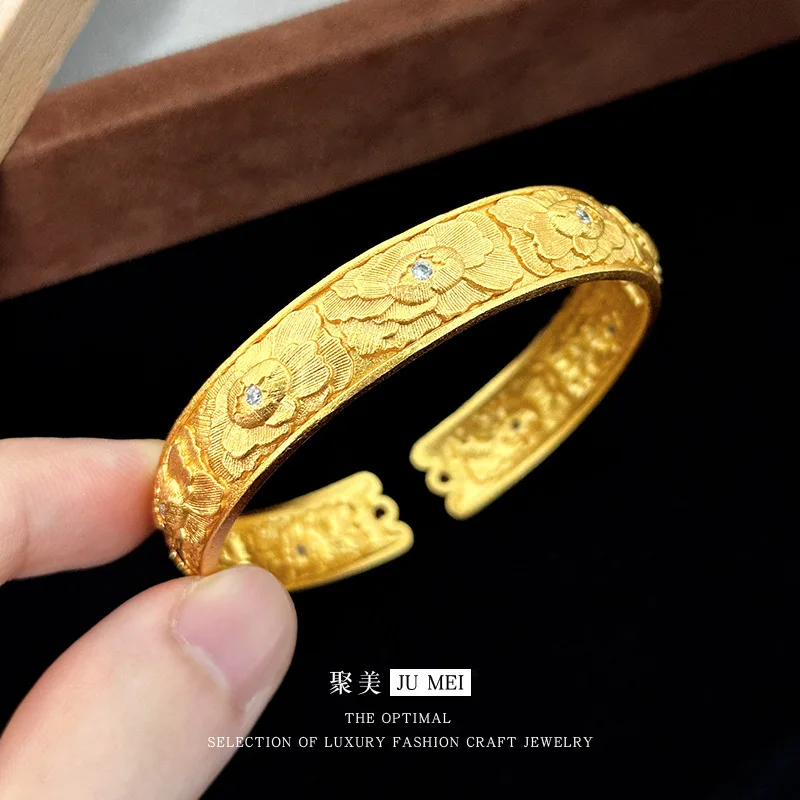 

Retro Flowers Chinese Style 9999 24K Real Gold Wide Engraved Pointed Diamond Peony Flower Bracelet Open Bracelet for Women