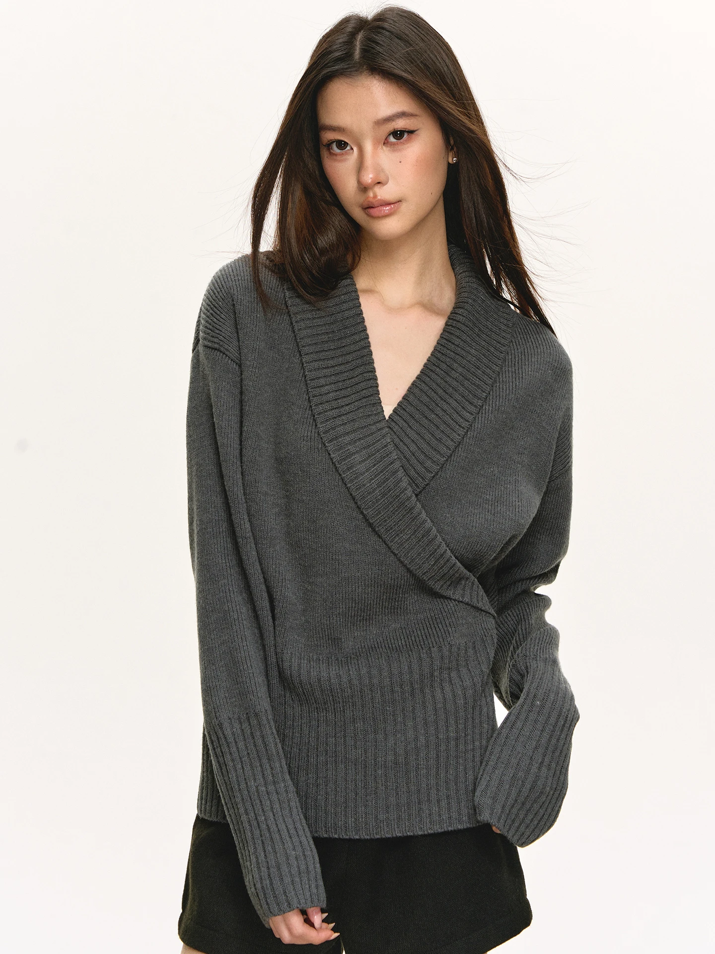 

Anna Aneae Women's Knitted Wool Sweater Spring Faion Casual Loose Fit Waist-Crossed Design Long Sve Top