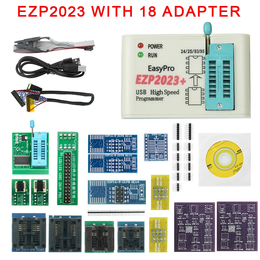 مبرمج USB SPI عالي السرعة EZP2023 + 18 محولًا يدعم 24 25 26 93 95 EEPROM 25 شريحة Flash Bios أفضل من EZP2019