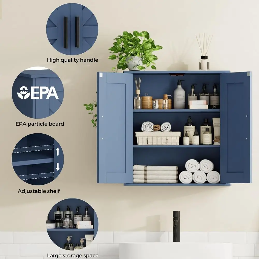 Armoire de rangement murale bleue à 3 niveaux avec portes de grange pour salle de bain, cuisine et linge