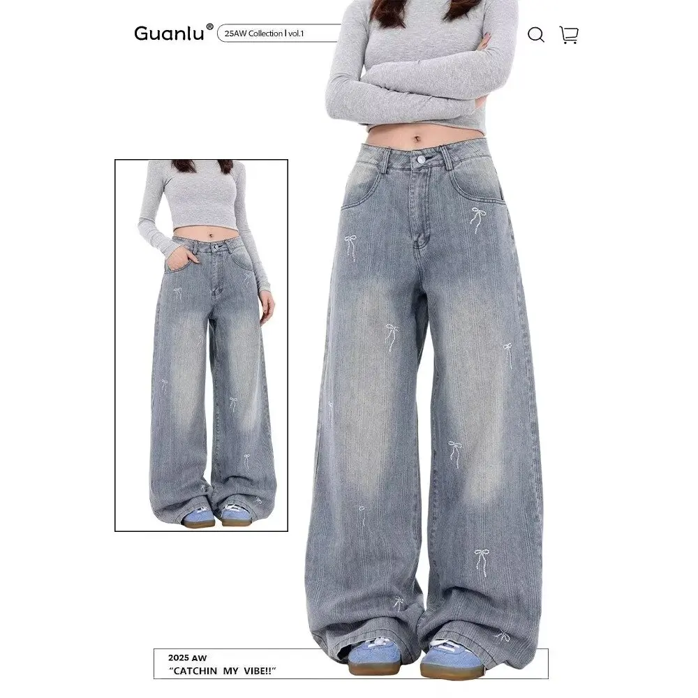 

Женские джинсы с вышивкой бантом, свободные широкие брюки, модные интернет-знаменитости, уличная мода, новая ниша