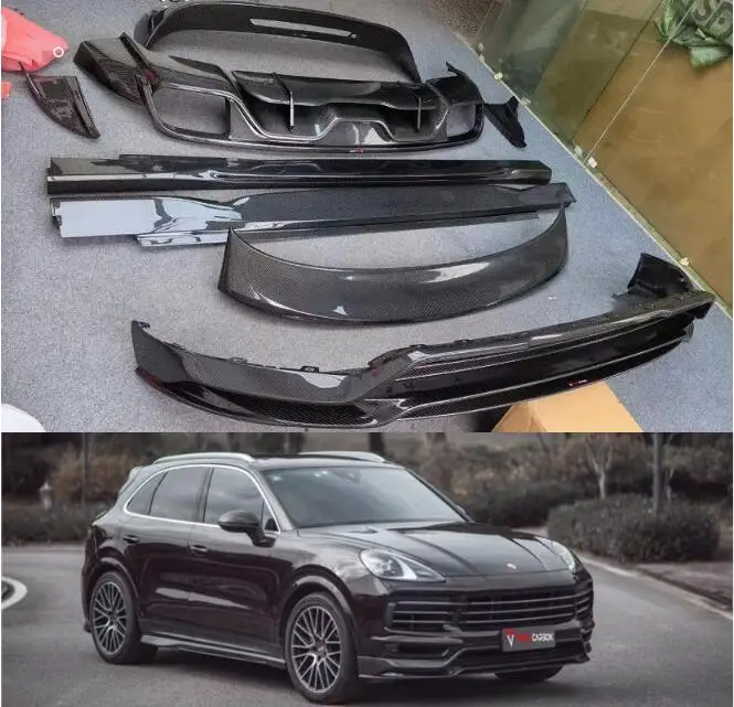 Real Carbon Fiber Body Kit For Porsche Cayenne Coupe 2018-2023 Front Bumper Lip Rear Trunk Diffuser Side Skirt Spoiler