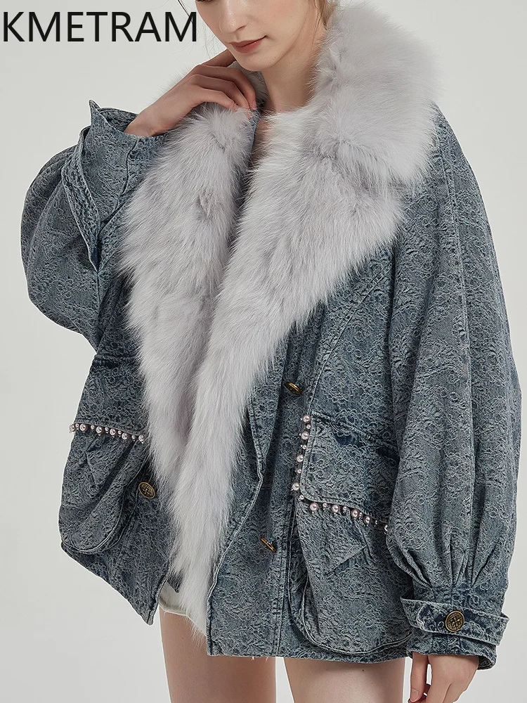سترة KMETRAM 100% من فراء أرنب ريكس الطبيعي ببطانة داخلية للسيدات بياقة ثعلب جديدة في ملابس خارجية معطف فرو ريفا 2025 ملابس شتوية