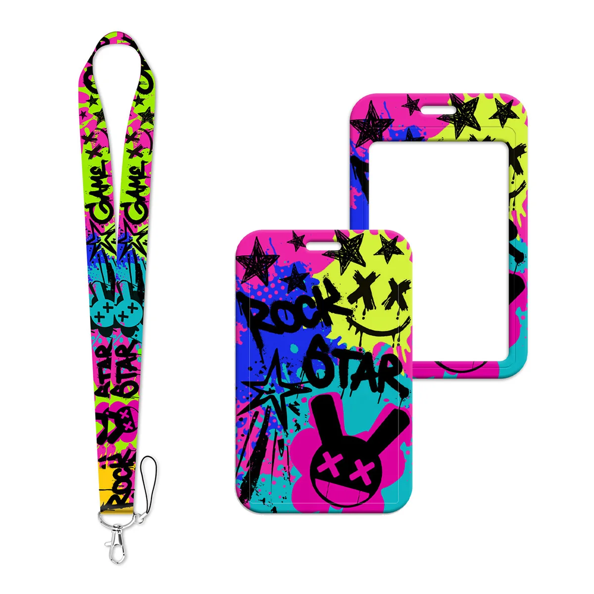 

Funny Rock Graffiti Lanyard Neck Strap Keychain Cartoon Card Cover Badge Holder Mobile Phone Hang Rope Keyring Accessories Gifts