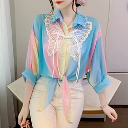 Fashion New Turn Down Collar Women Shirt Beading Casual Chiffon Shirt Blouse Women Tops  Blusas Mujer De Moda 2024 Verano J638