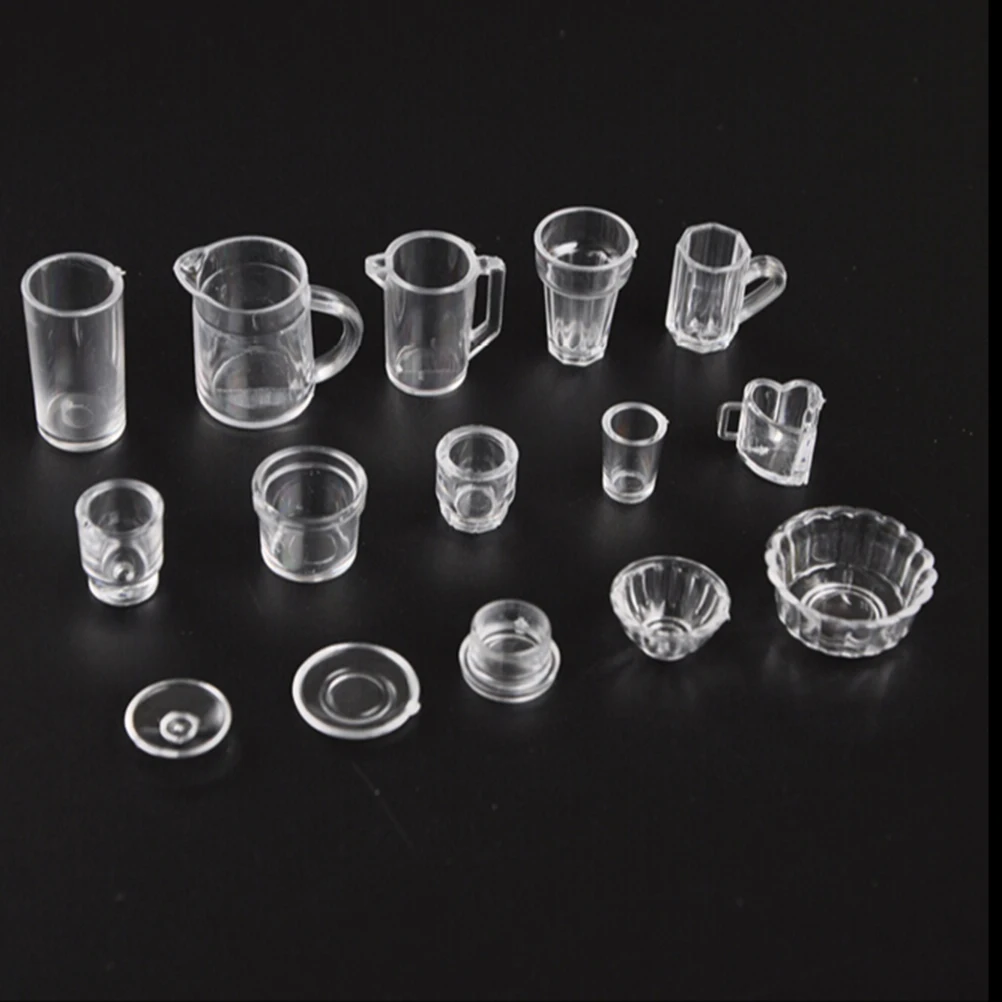 15pcs/Set Mini Transparent Drink Cups Dish Plate Tableware Miniatures Doll House Decoration Gift for Children