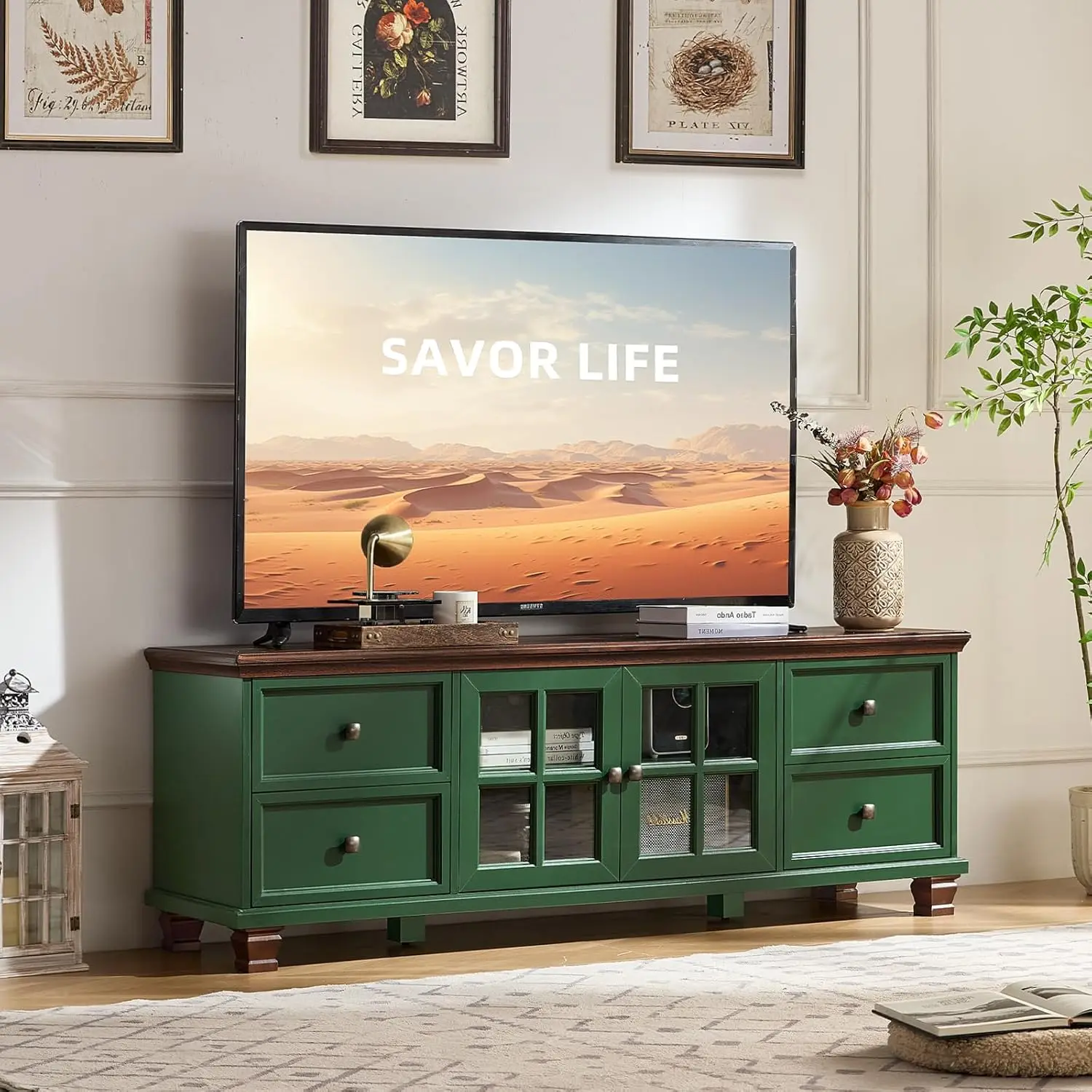 Farmhouse TV Stand Green Heavy-Duty Rustic Entertainment Center 4 Drawers Thickened Top Square Wooden Legs 65 Inch, Customized