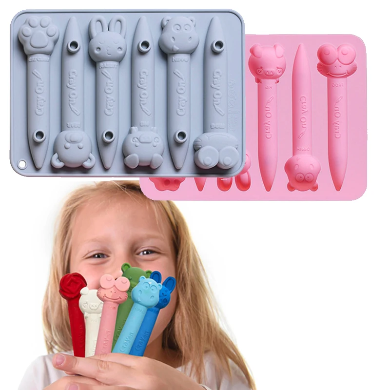 Molde de silicona de crayón surtido 3D, forma de Animal de dibujos animados, bolígrafo de Chocolate, galletas, dulces, hornear, reciclaje, bandeja de cubitos de hielo, herramienta segura para horno