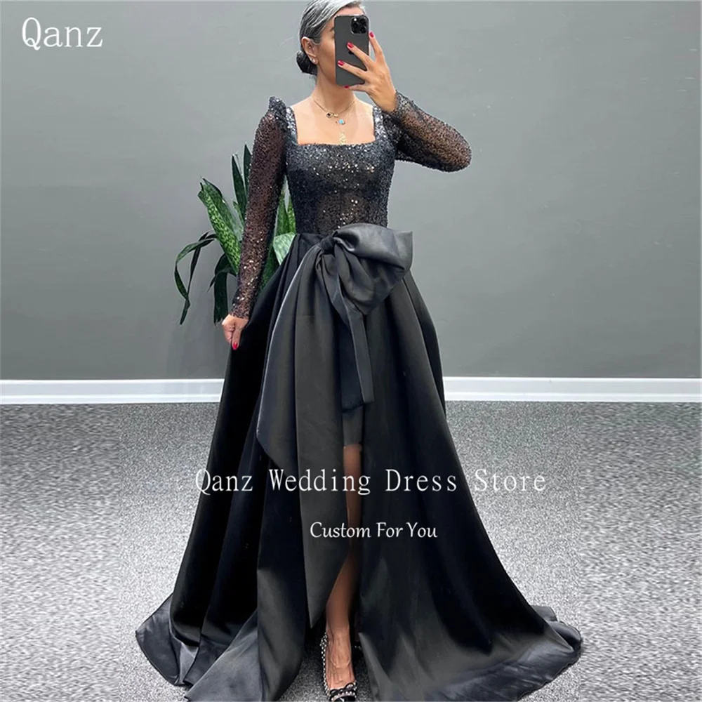 

Qanz Black Satin Evening Dresses Long Sleeves Slit Sequined Beadings Robe Soirée De Luxe Square Neck Long Customized Prom Dress