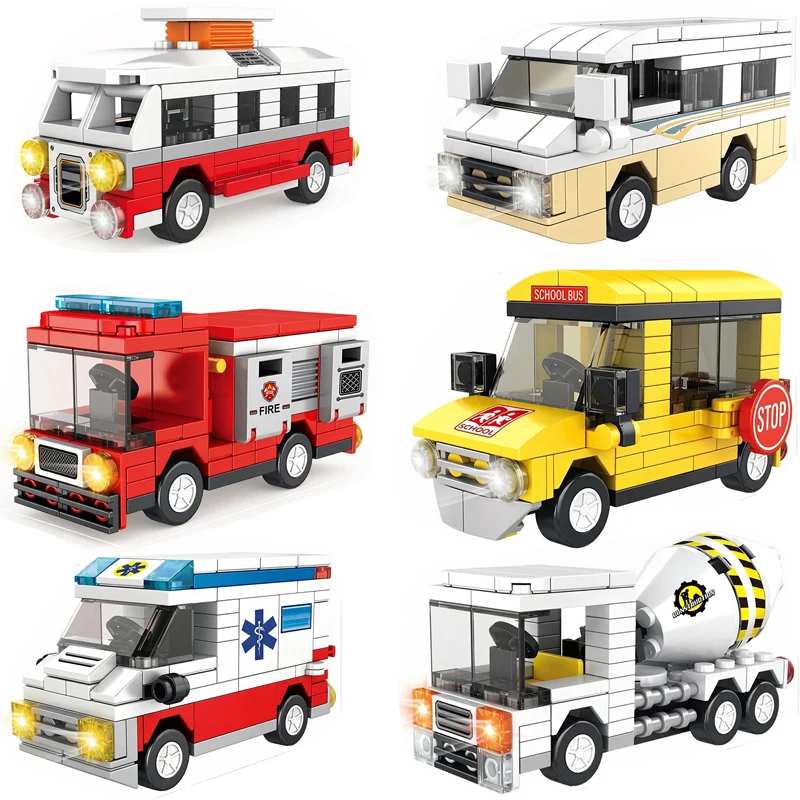 

Конструкторы-машинки: серия развивающих строительных наборов — пожарная машина, школьный автобус, скорая помощь, прицеп. Подарок для мальчиков.