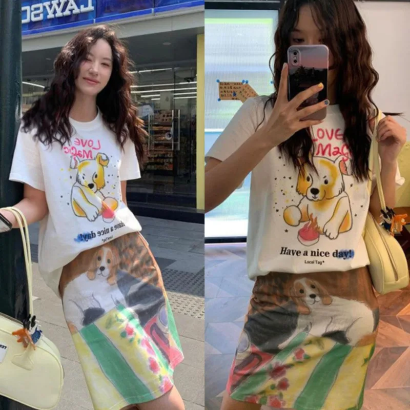 UP Dog Hand Drawn Print Half Skirt T-shirt Women 2024 Summer America Japan Graffiti Cute Color High Waited A-line Dress RE Top