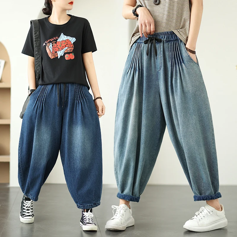 Pantaloni a lanterna a gamba larga in denim retrò Waed Donna Estate taglie forti Pantaloni con risvolto Harlan drappeggiati dimagranti allentati