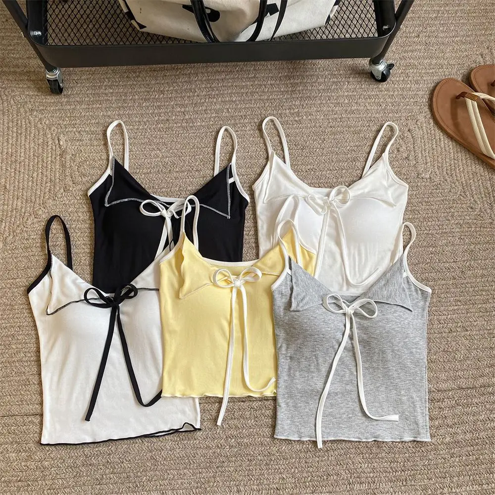 

All-match Lace Up Sleeveless Crop Top V Neck Bow Women's Tank Top Slim Fit Vest Bra with Pads Camisole Girl