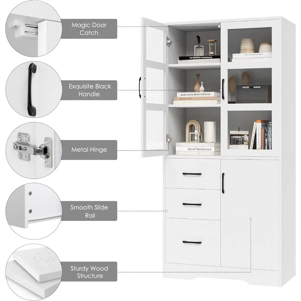 Hoher Badezimmerschrank mit Glastüren und Regalen, 67,6 cm moderner hoher Schrank mit 3 Schubladen, Leinenschränke, Weiß