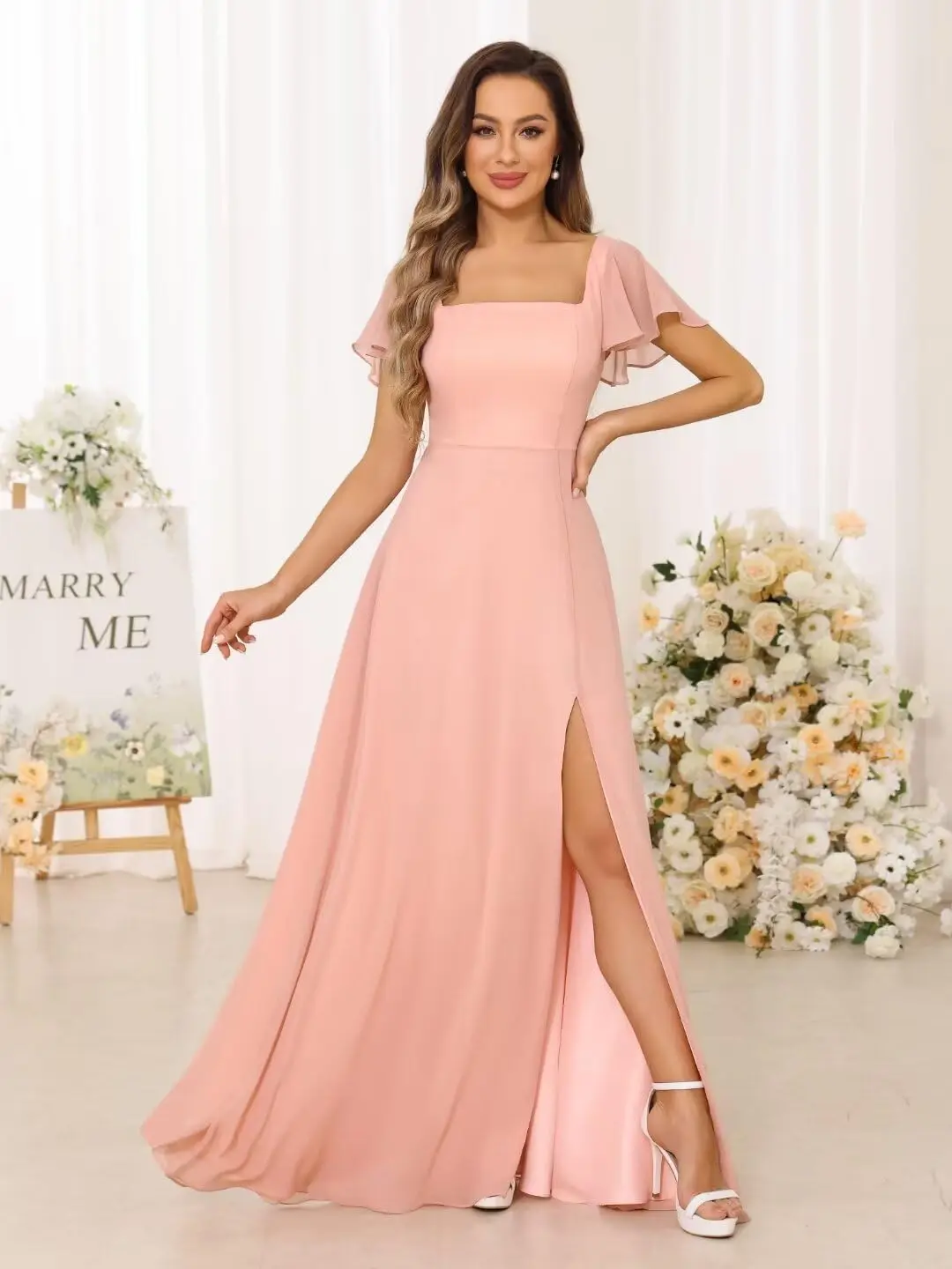 

Short Sleeve Bridesmaid Dresses with Slit Square Neck Long Formal Party Gowns with Pockets for Women tween ladies luxury wedding